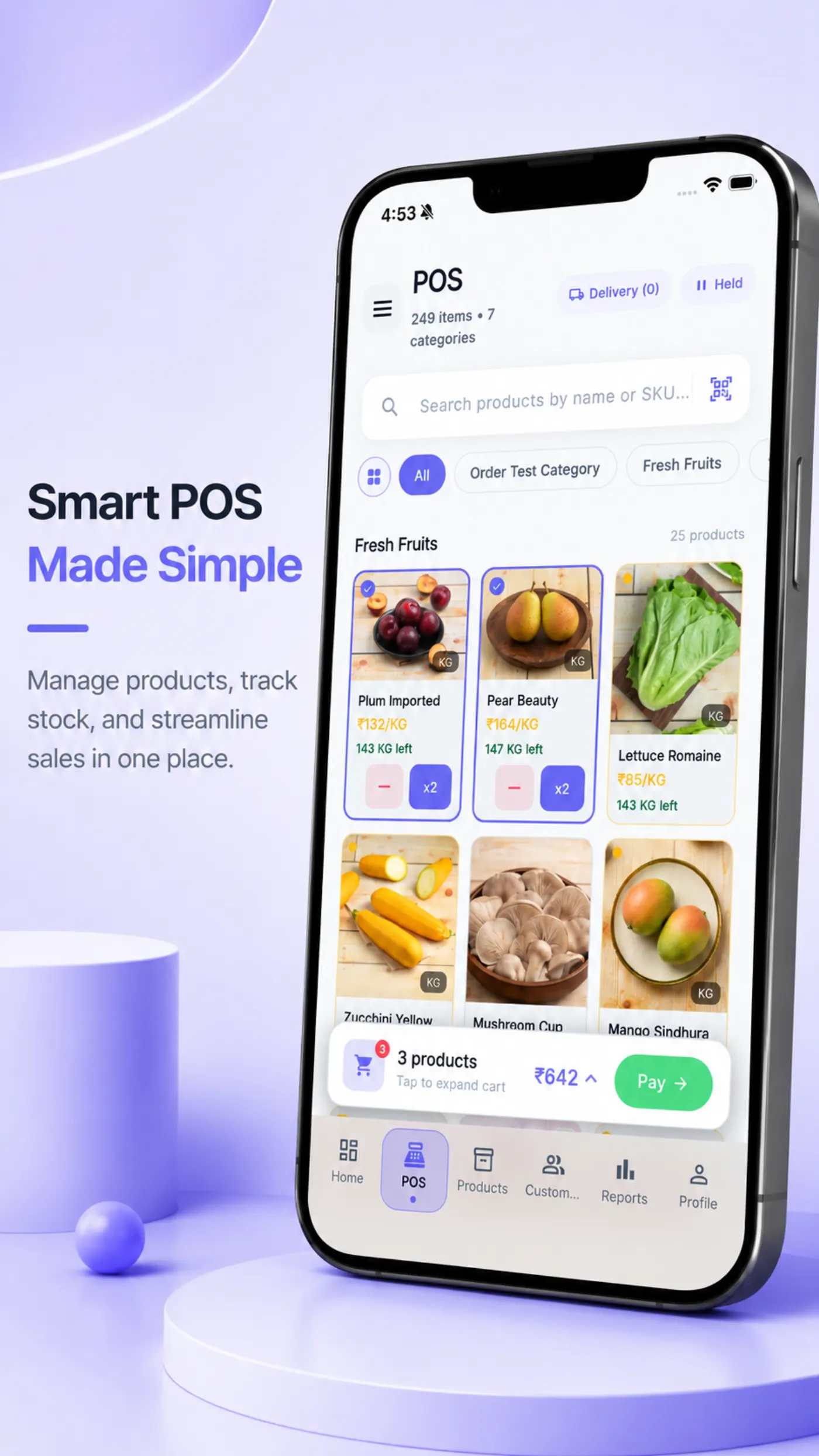 IPOSS POS on mobile — product grid and cart