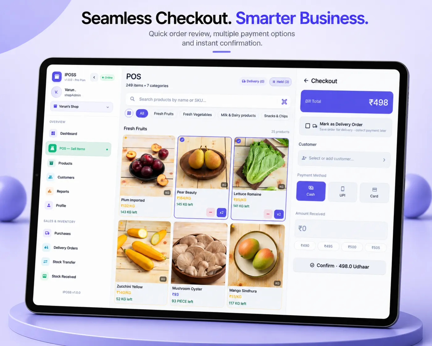 IPOSS checkout with UPI, cash, and card payments