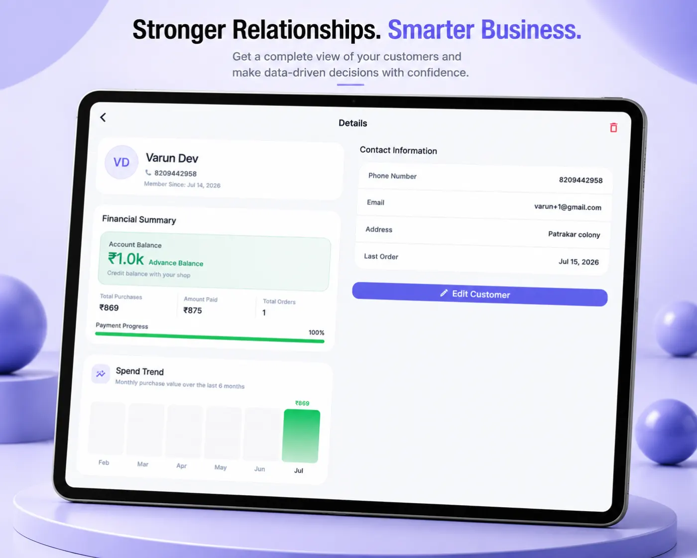 IPOSS customer detail with balance and orders