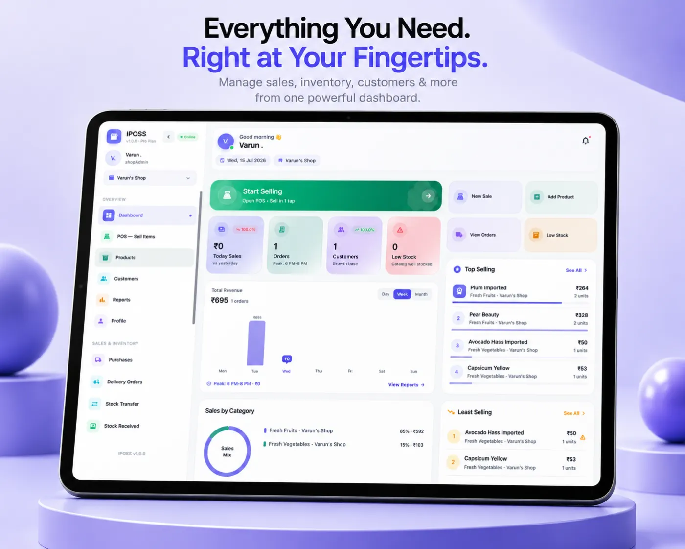 IPOSS dashboard on tablet — revenue, orders, top sellers